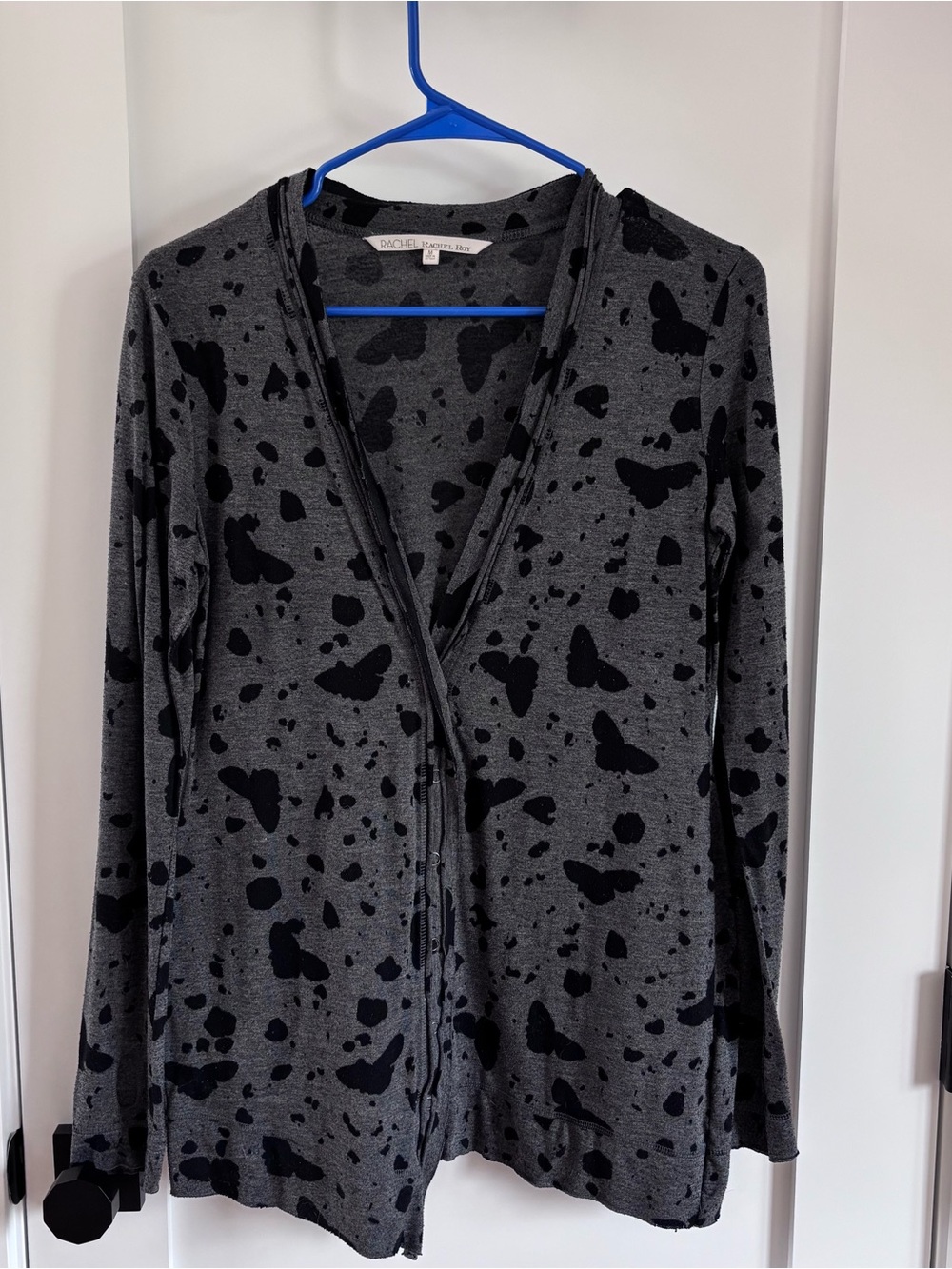RACHEL Rachel Roy Gray Cardigan with Black Butterfly and Speckle Print